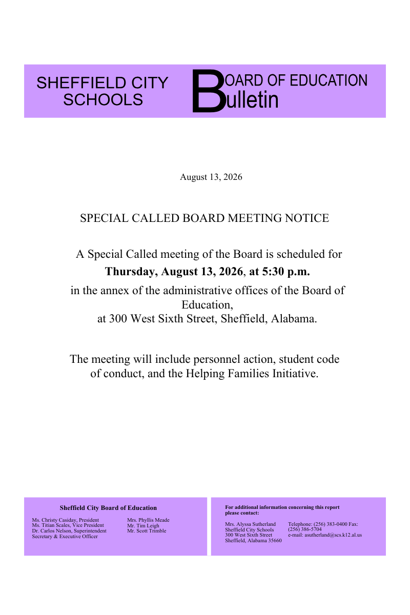 Board of Education notice of meeting August, 13 at 5:30 PM at the annex of the Administrative offices of the Board of Education located at 300 West 6th Street, Sheffield AL.